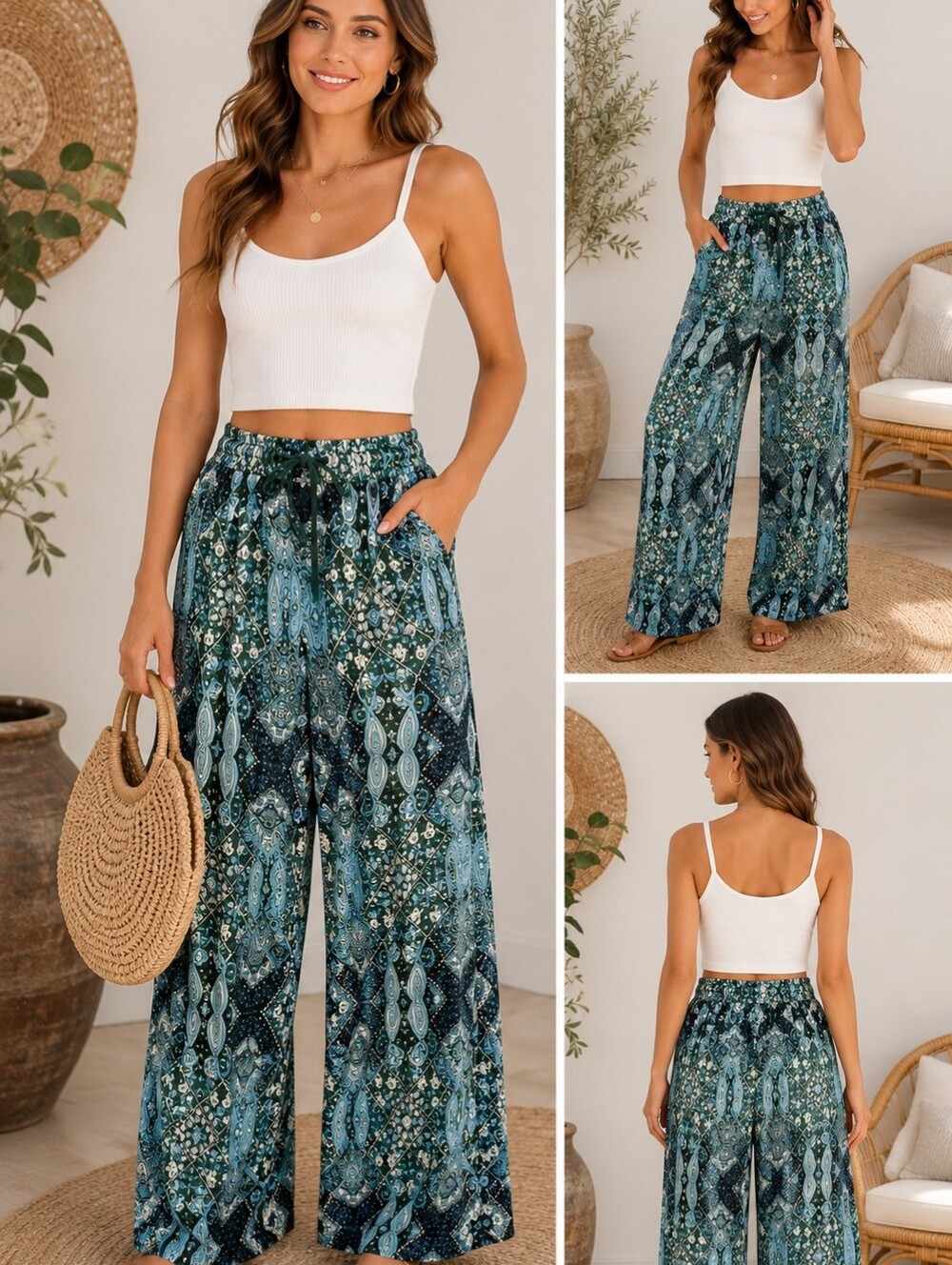 A-138 NWT Love Poem Boho Print Wide Leg Palazzo Pants Size M